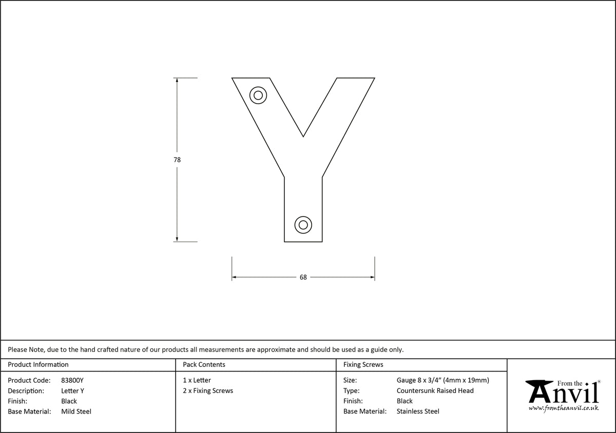 LETTER Y 78x68x8 BLK - 83800Y by MARCHES (ANVIL) ARCHITECTURAL HARDWARE