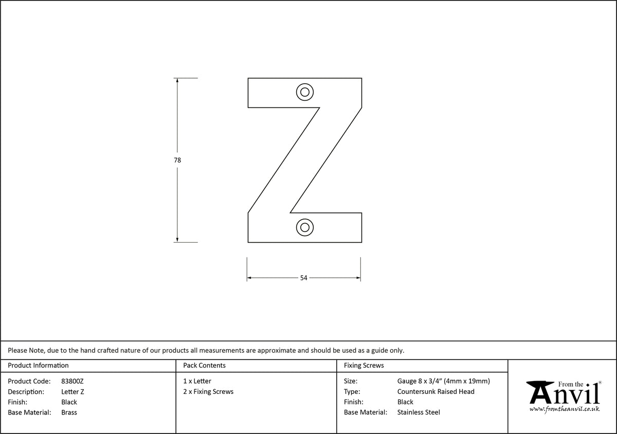 LETTER Z 78x54x8 BLK - 83800Z by MARCHES (ANVIL) ARCHITECTURAL HARDWARE