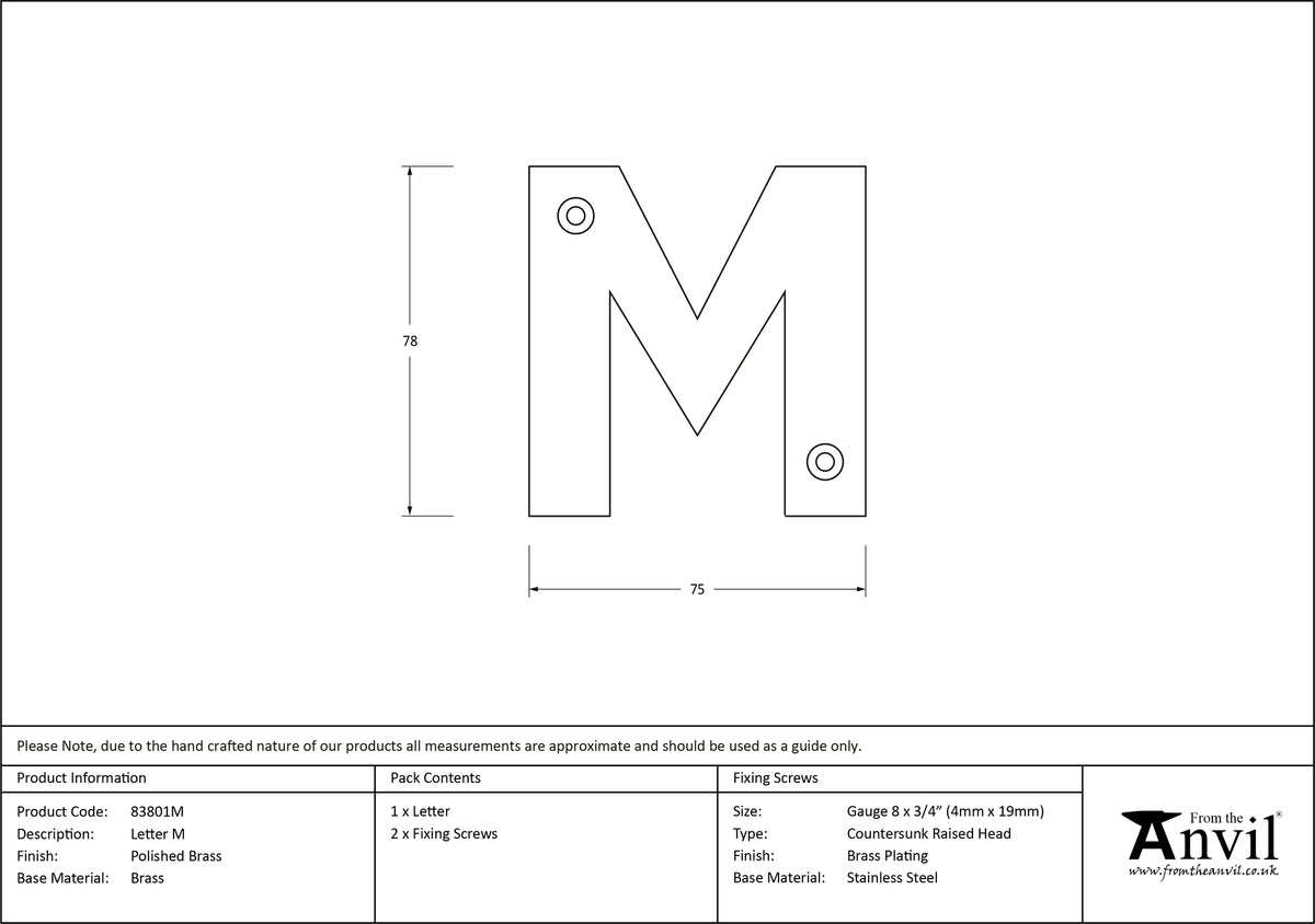 LETTER M 78x75x8 PBR - 83801M by MARCHES (ANVIL) ARCHITECTURAL HARDWARE