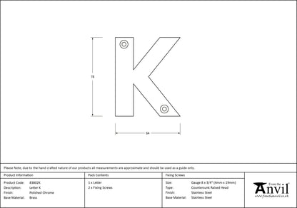 LETTER K 78x64x8 PCP - 83802K by MARCHES (ANVIL) ARCHITECTURAL HARDWARE