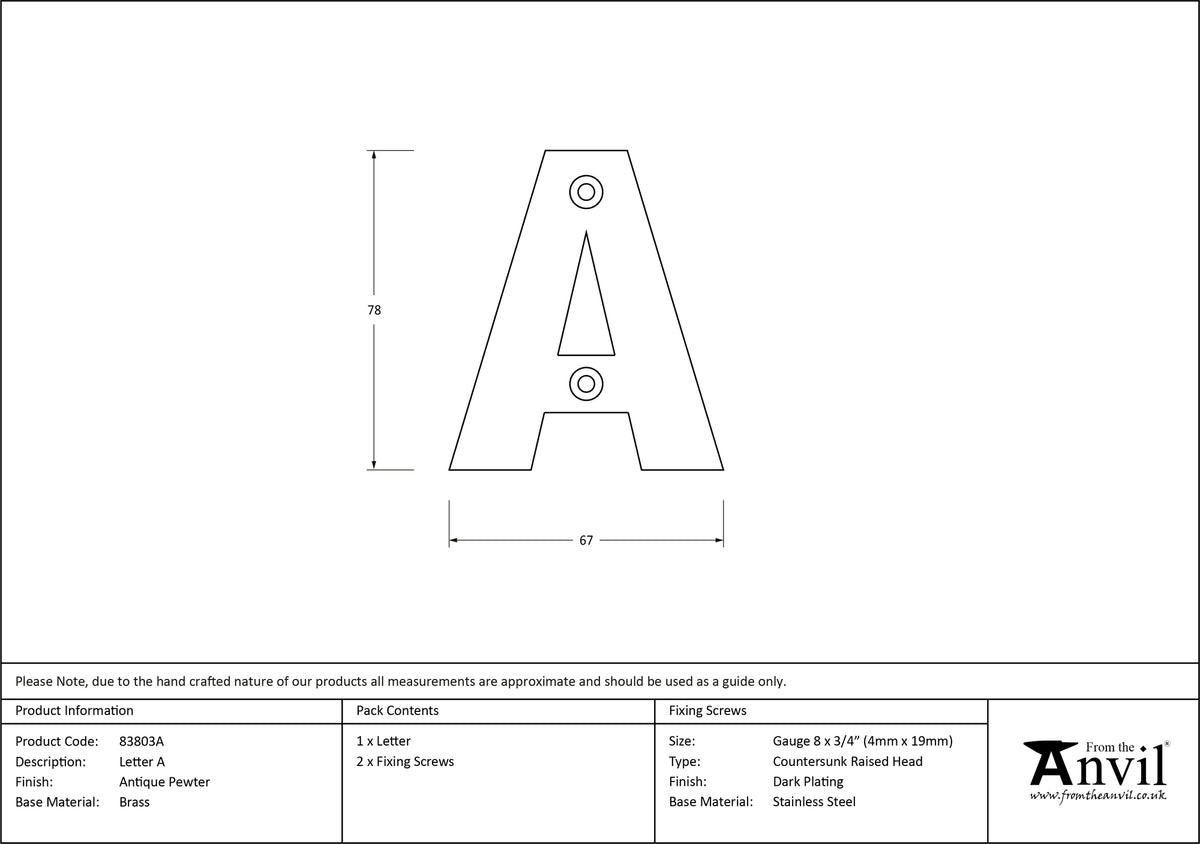 LETTER A 78x67x8 APW - 83803A by MARCHES (ANVIL) ARCHITECTURAL HARDWARE