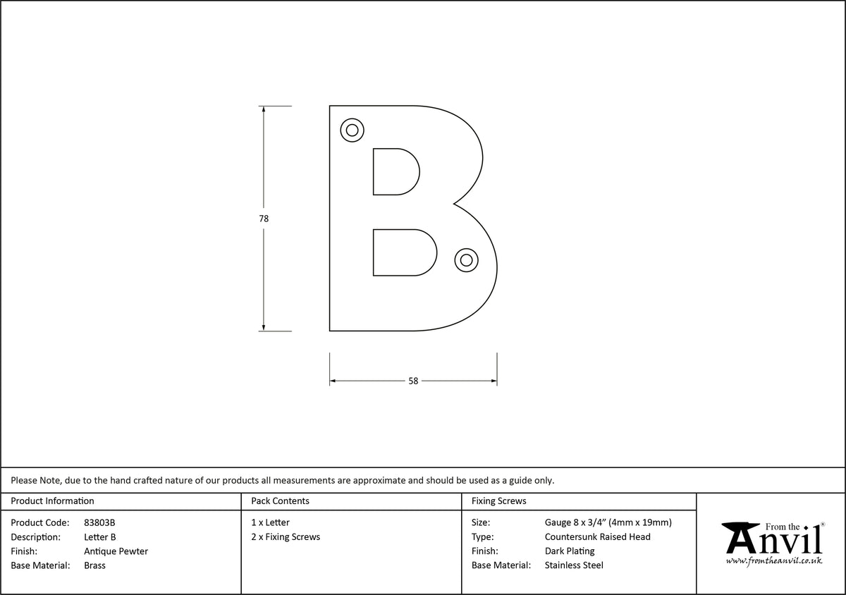 LETTER B 78x58x8 APW - 83803B by MARCHES (ANVIL) ARCHITECTURAL HARDWARE