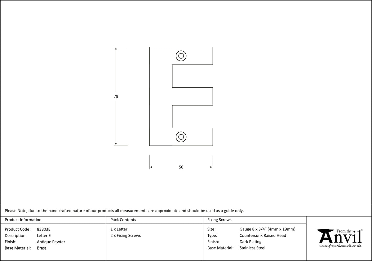 LETTER E 78x50x8 APW - 83803E by MARCHES (ANVIL) ARCHITECTURAL HARDWARE