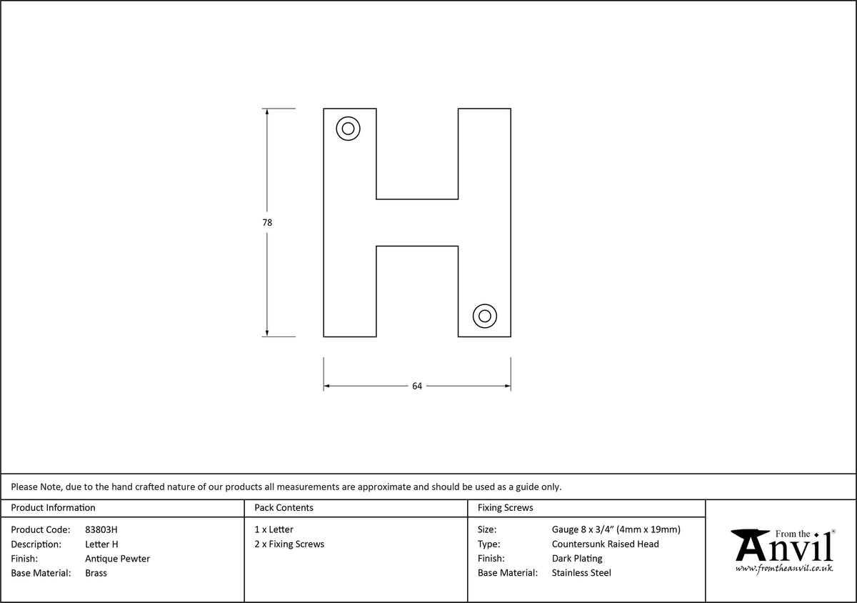 LETTER H 78x64x8 APW - 83803H by MARCHES (ANVIL) ARCHITECTURAL HARDWARE