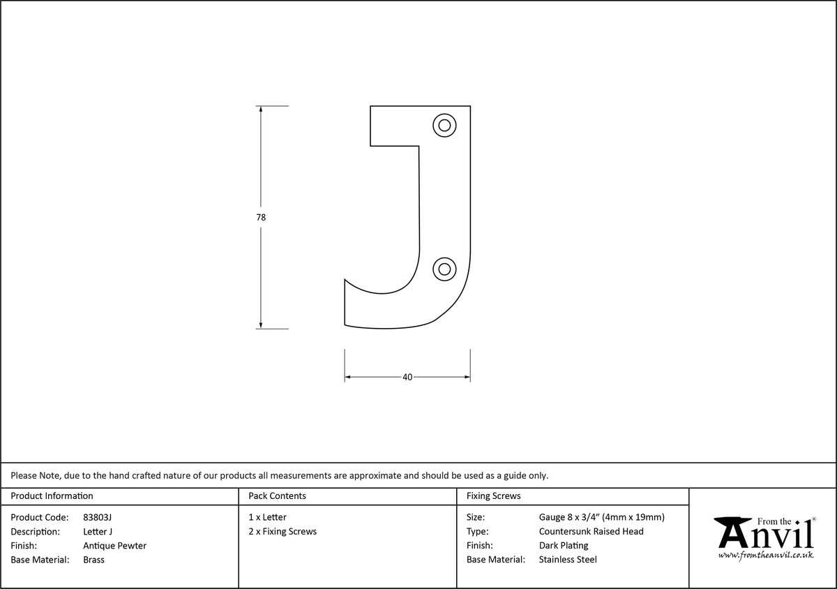 LETTER J 78x40x8 APW - 83803J by MARCHES (ANVIL) ARCHITECTURAL HARDWARE