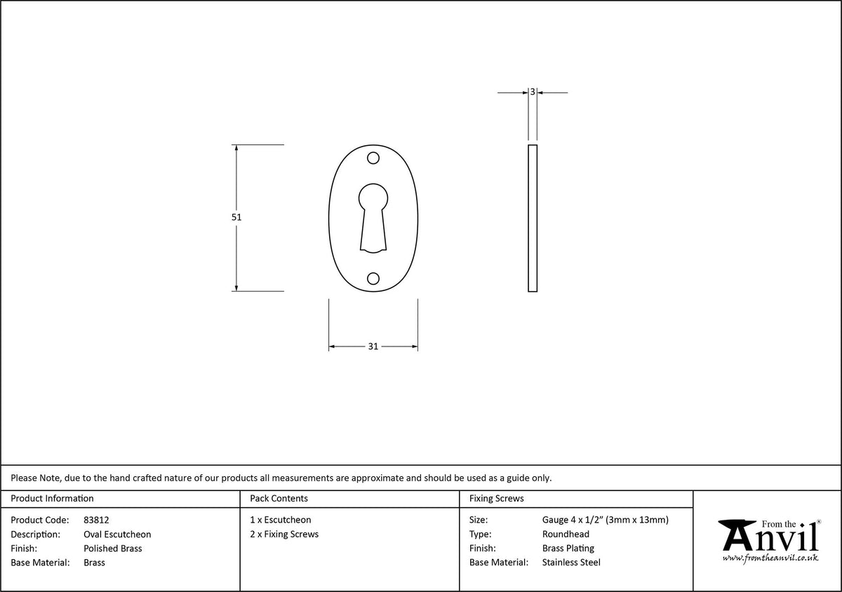 ESCUTCHEON OVAL 51x31x2.5 PBR - 83812 by MARCHES (ANVIL) ARCHITECTURAL HARDWARE