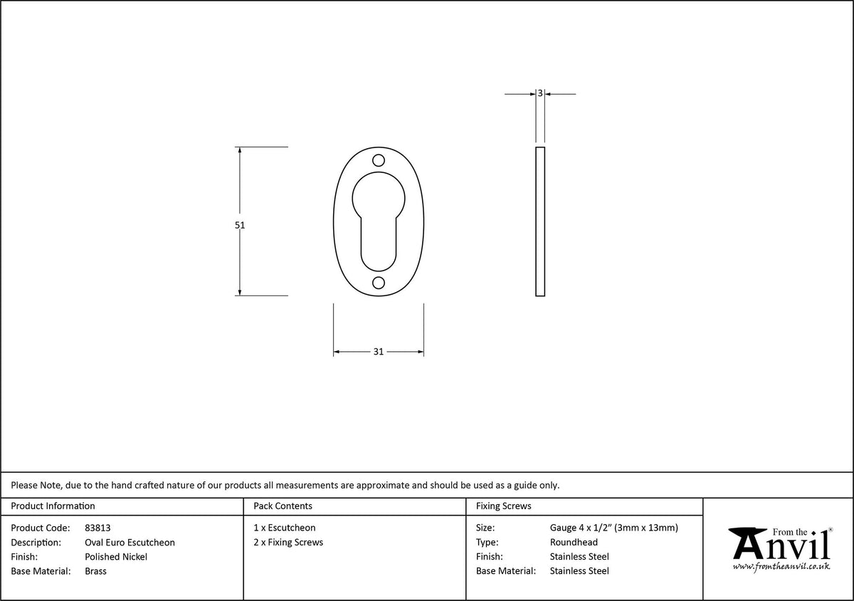 ESCUTCHEON EURO OVAL 51x31x2.5 PNP - 83813 by MARCHES (ANVIL) ARCHITECTURAL HARDWARE