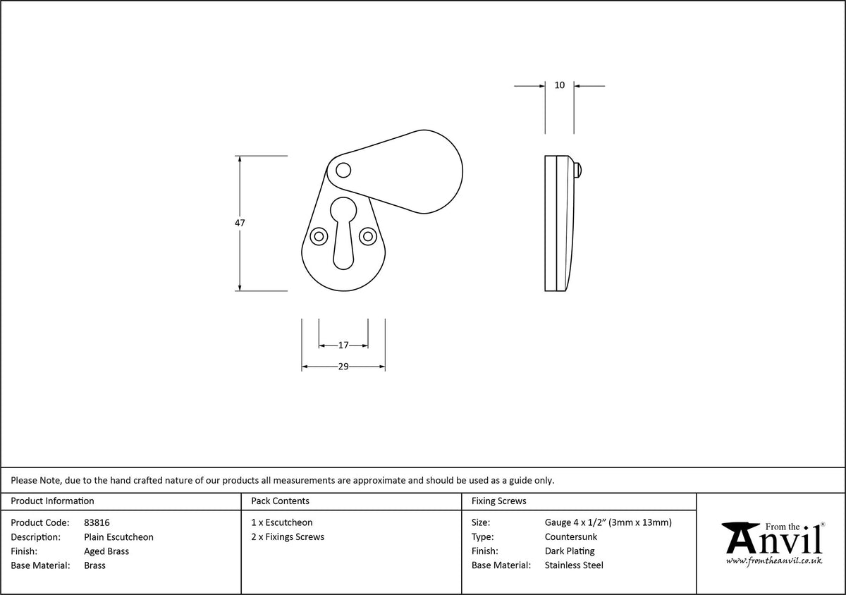 ESCUTCHEON PLAIN 45x29x10 AGBR - 83816 by MARCHES (ANVIL) ARCHITECTURAL HARDWARE