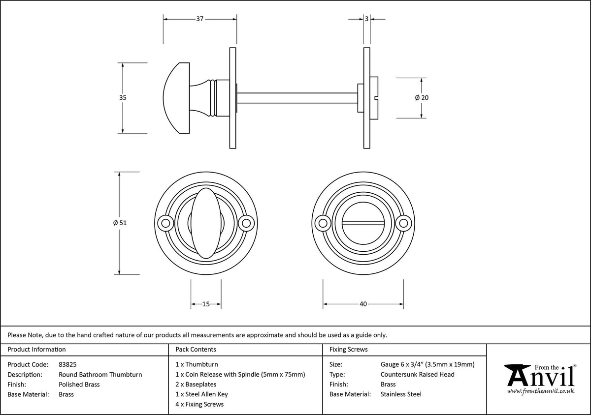 THUMBTURN SET RND 51x37 PBR - 83825 by MARCHES (ANVIL) ARCHITECTURAL HARDWARE