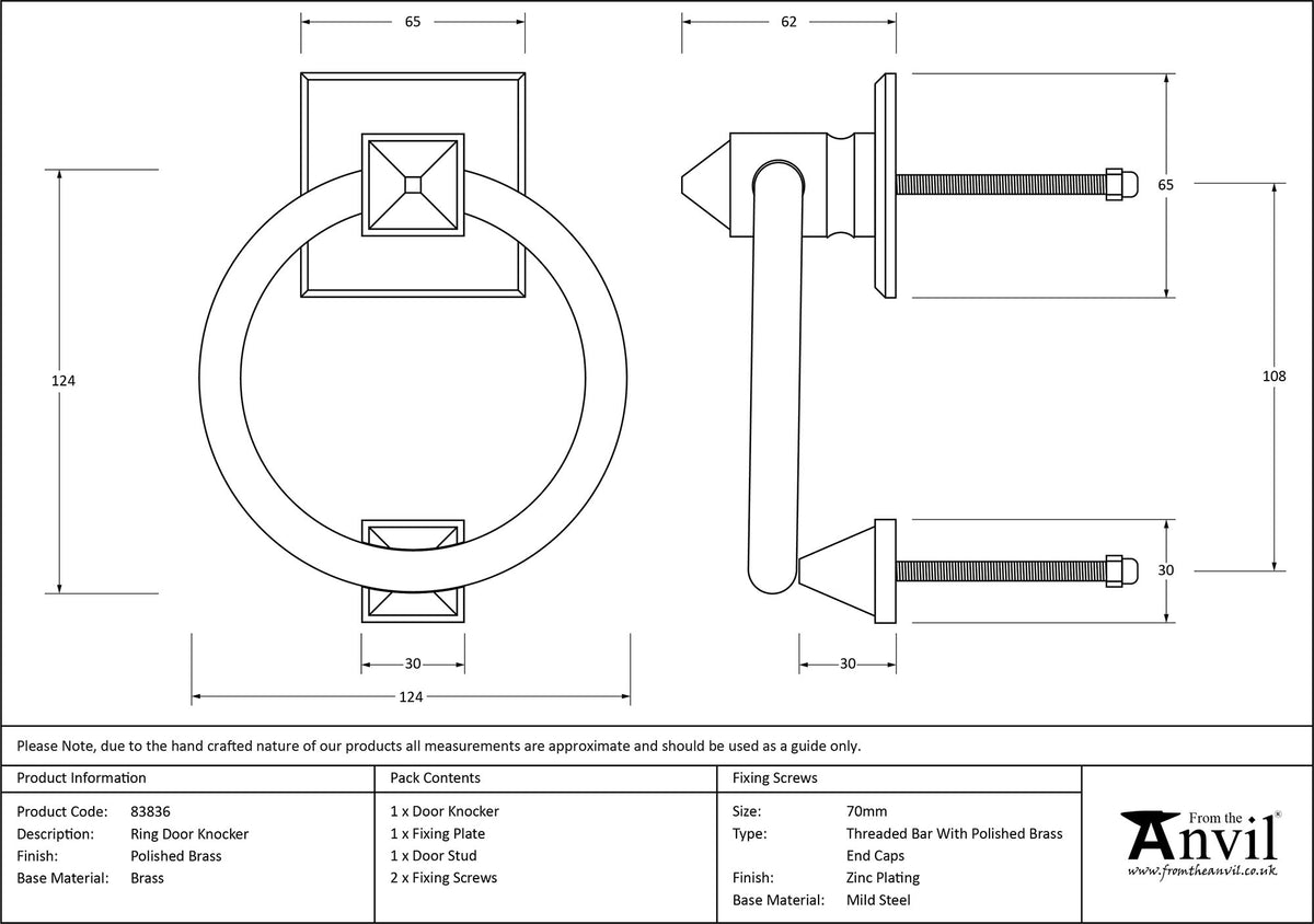 RING DOOR KNOCKER SLIM 124x62x65 PBR - 83836 by MARCHES (ANVIL) ARCHITECTURAL HARDWARE