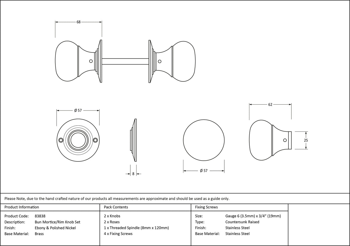 BUN WOODEN MORTICE/RIM KNOB 57x68x57 BUN PNP - 83838 by MARCHES (ANVIL) ARCHITECTURAL HARDWARE