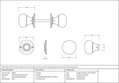 BUN WOODEN MORTICE/RIM KNOB 57x68x57 BUN PNP - 83838 by MARCHES (ANVIL) ARCHITECTURAL HARDWARE