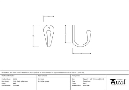 CELTIC ROBE HOOK SINGLE 50x24x42 BLK - 83845 by MARCHES (ANVIL) ARCHITECTURAL HARDWARE