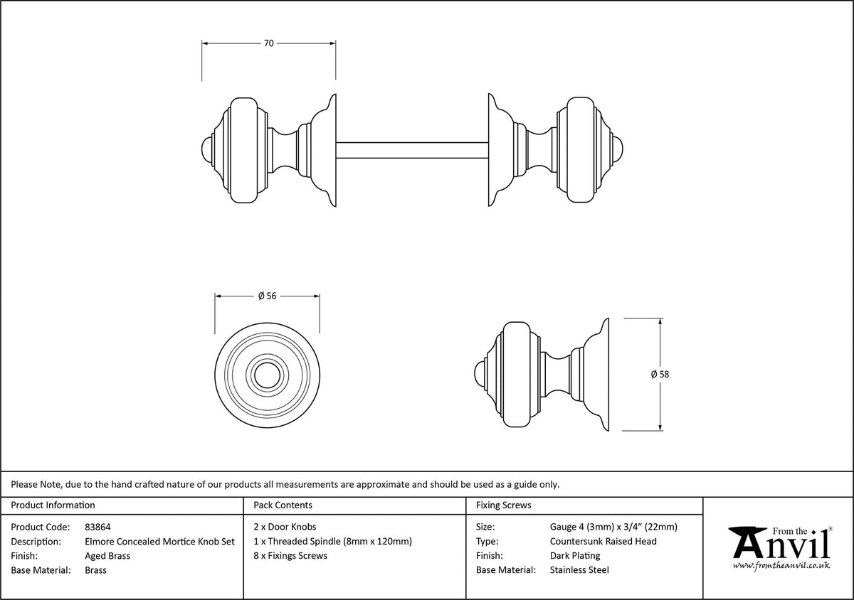ELMORE MORTICE KNOB CNC 56x70x58 AGBR - 83864 by MARCHES (ANVIL) ARCHITECTURAL HARDWARE