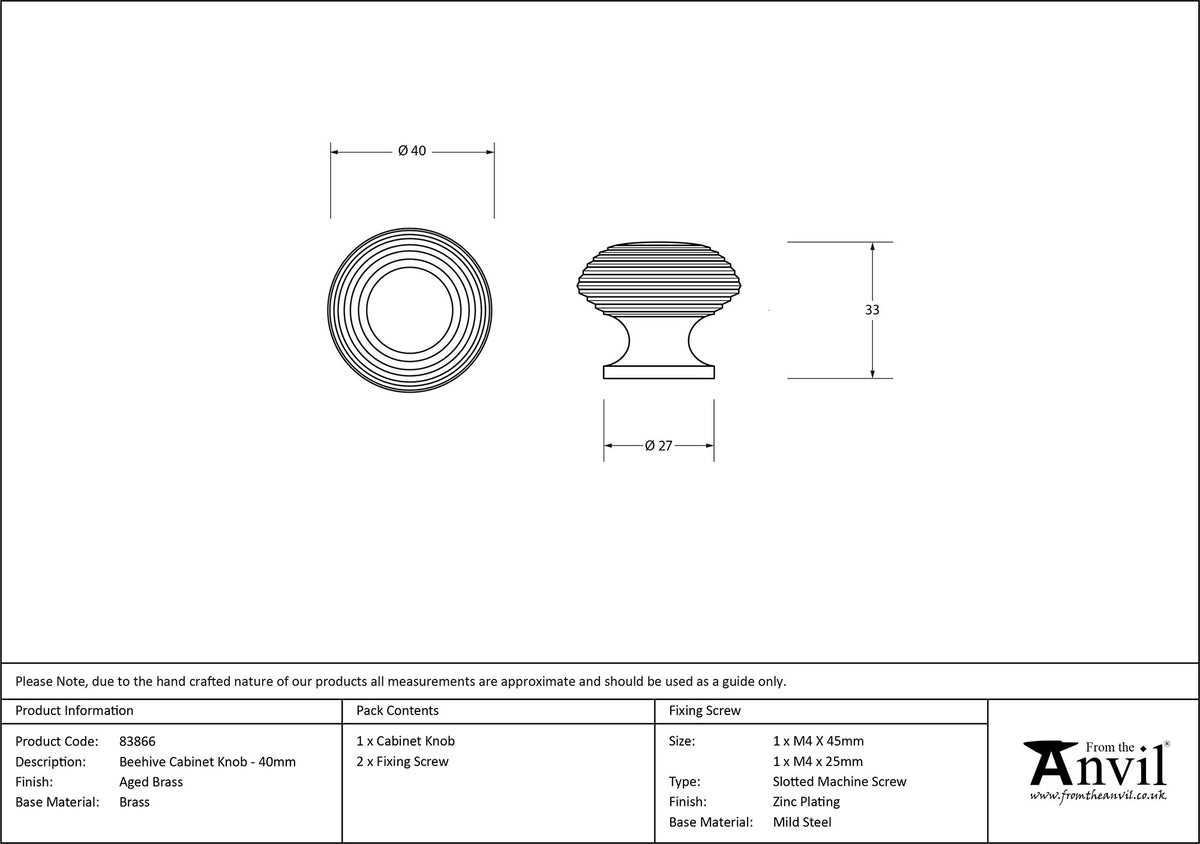 BEEHIVE CABINET KNOB 40x33 AGBR - 83866 by MARCHES (ANVIL) ARCHITECTURAL HARDWARE