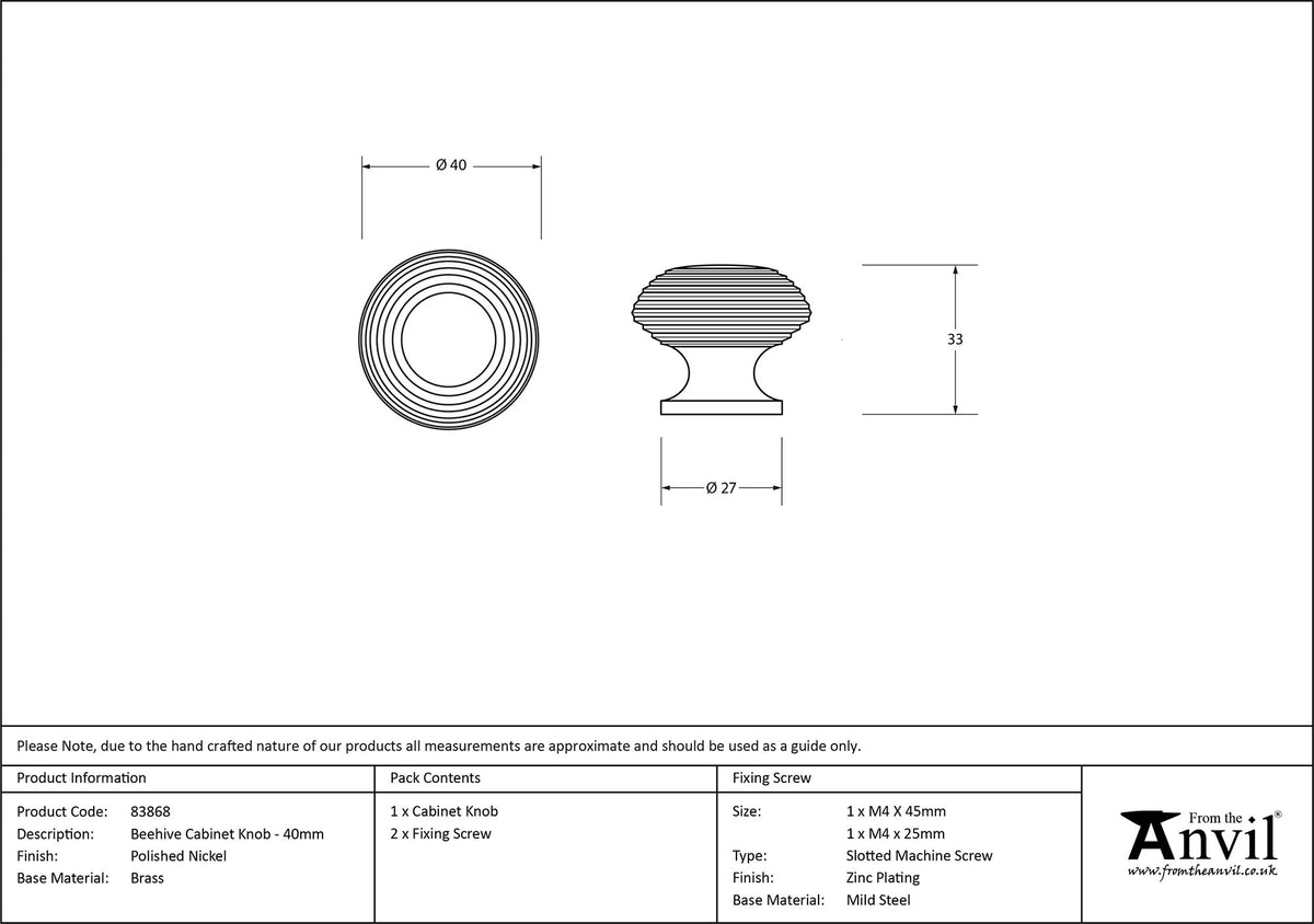 BEEHIVE CABINET KNOB 40x33 PNP - 83868 by MARCHES (ANVIL) ARCHITECTURAL HARDWARE