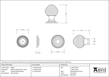 WOODEN BEEHIVE CABINET KNOB 35x50 EBO/PNP - 83869 by MARCHES (ANVIL) ARCHITECTURAL HARDWARE