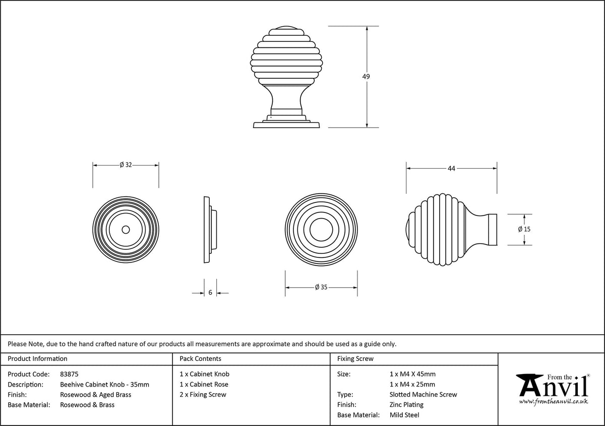 WOODEN BEEHIVE CABINET KNOB 35x50 RWD/ABR - 83875 by MARCHES (ANVIL) ARCHITECTURAL HARDWARE