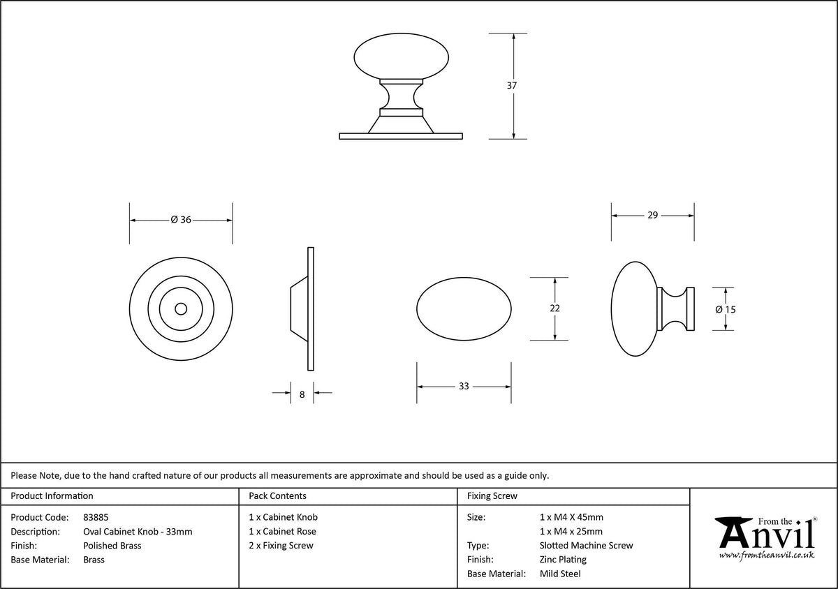 OVAL CABINET KNOB 33x22x37x36 PBR - 83885 by MARCHES (ANVIL) ARCHITECTURAL HARDWARE