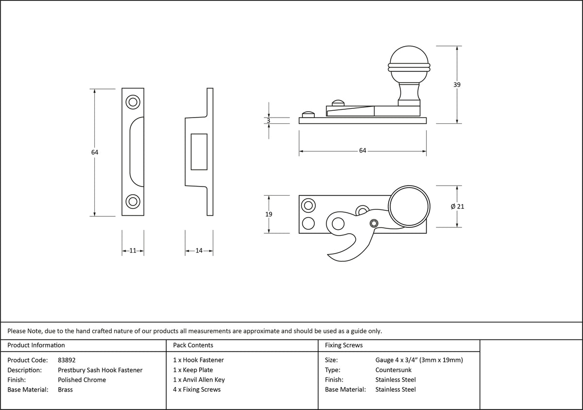 PRESTBURY SASH HOOK FASTENER 64x19x39 PCP - 83892 by MARCHES (ANVIL) ARCHITECTURAL HARDWARE