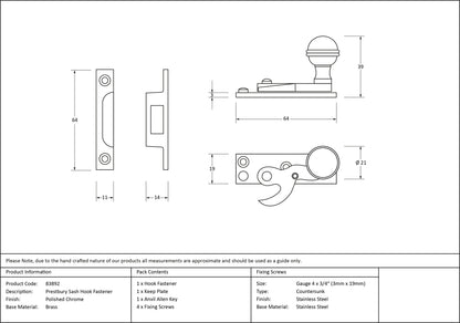 PRESTBURY SASH HOOK FASTENER 64x19x39 PCP - 83892 by MARCHES (ANVIL) ARCHITECTURAL HARDWARE