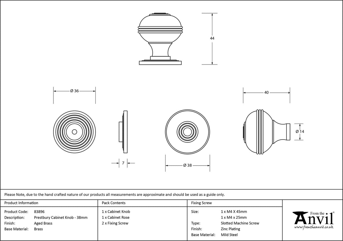 PRESTBURY CABINET KNOB 38x40 AGBR - 83896 by MARCHES (ANVIL) ARCHITECTURAL HARDWARE