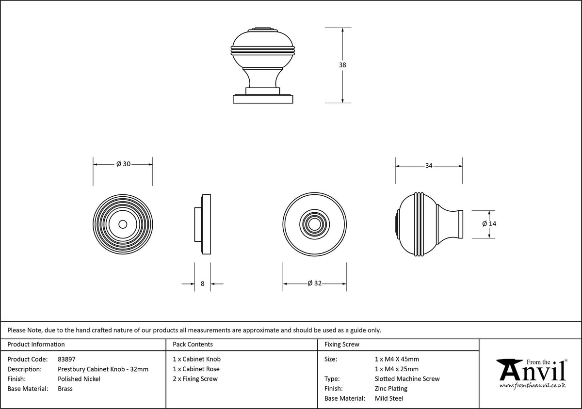 PRESTBURY CABINET KNOB 32x38 PNP - 83897 by MARCHES (ANVIL) ARCHITECTURAL HARDWARE