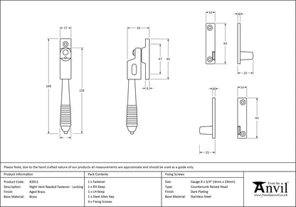 REEDED NIGHT-VENT LOCKING FASTENER 149x17x33 AGBR - 83911 by MARCHES (ANVIL) ARCHITECTURAL HARDWARE