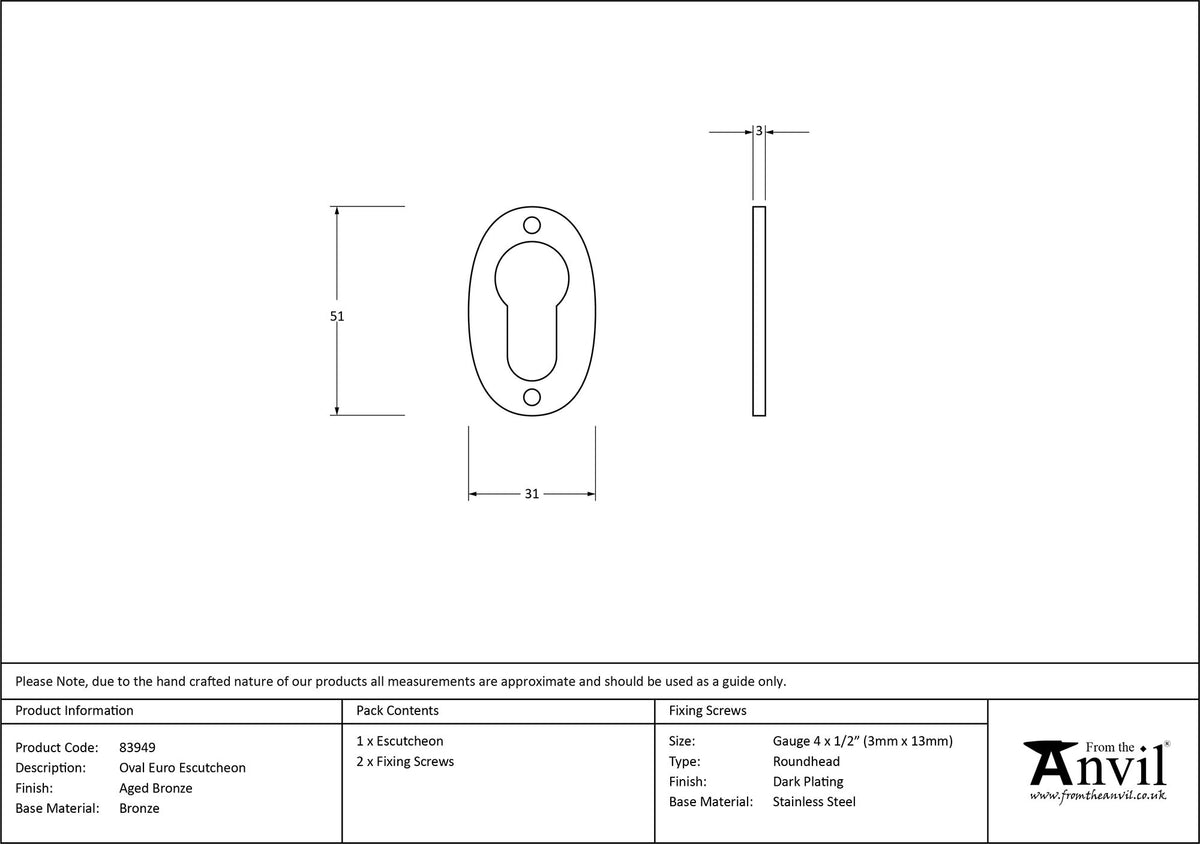 ESCUTCHEON EURO OVAL 51x31x2.5 AGBZ - 83949 by MARCHES (ANVIL) ARCHITECTURAL HARDWARE