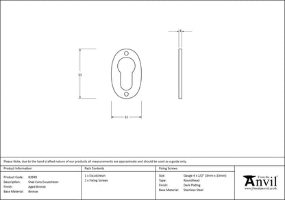 ESCUTCHEON EURO OVAL 51x31x2.5 AGBZ - 83949 by MARCHES (ANVIL) ARCHITECTURAL HARDWARE