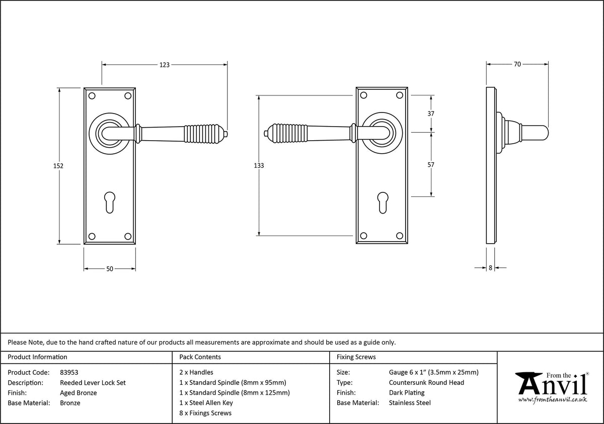 REEDED LEVER HANDLE LOCK 123x152x70 AGBZ - 83953 by MARCHES (ANVIL) ARCHITECTURAL HARDWARE