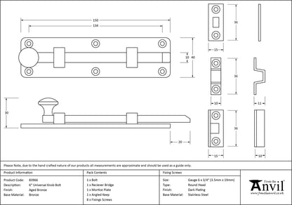 UNIVERSAL KNOB BOLT 150x40x30 AGBZ - 83966 by MARCHES (ANVIL) ARCHITECTURAL HARDWARE