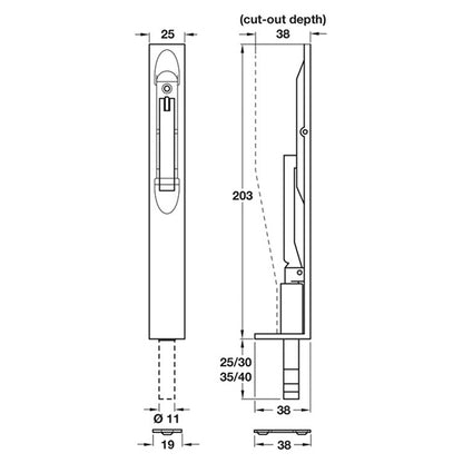 EXT THROW LVR FLUSH BOLT 25x203 SNP