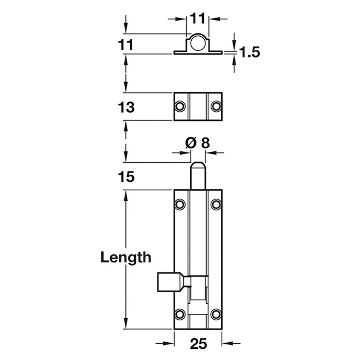 BARREL BOLT STR 25x76x11 BRS/SNI