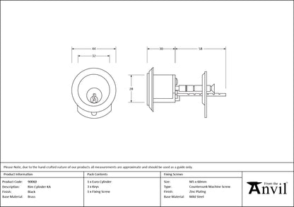 RIM CYLINDER KEY ALIKE 44x88 BLK - 90060 by MARCHES (ANVIL) ARCHITECTURAL HARDWARE