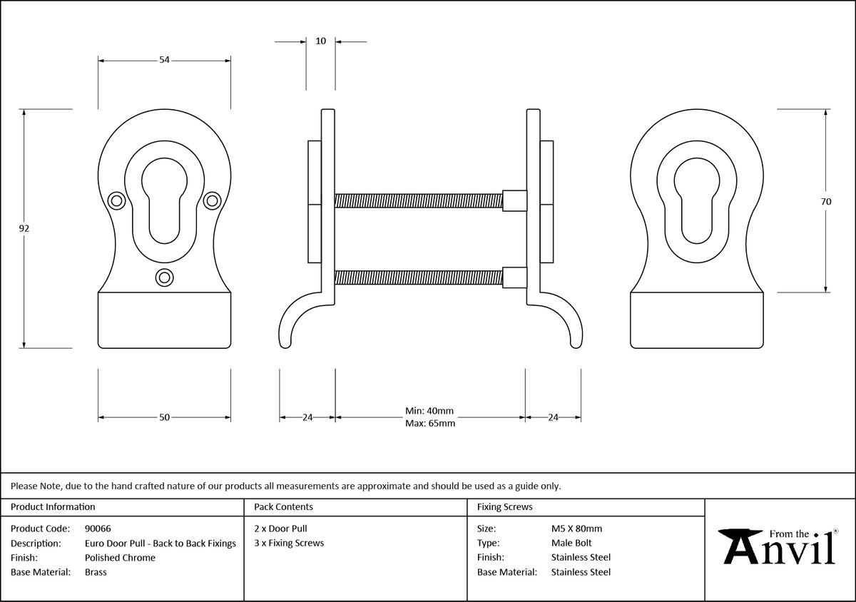 EURO DOOR PULL BTB 92x50x40-65 PCP - 90066 by MARCHES (ANVIL) ARCHITECTURAL HARDWARE
