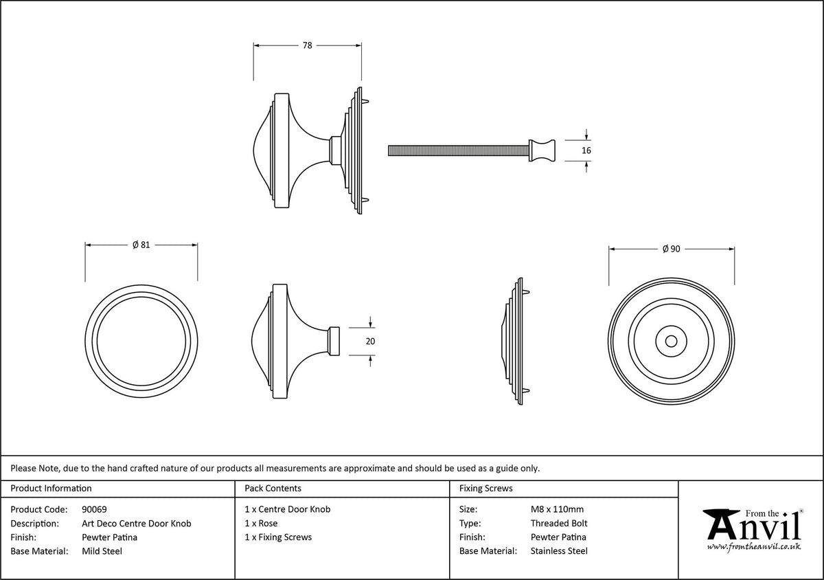 ART DECO CENTRE DOOR KNOB 81x78x90 PEW - 90069 by MARCHES (ANVIL) ARCHITECTURAL HARDWARE