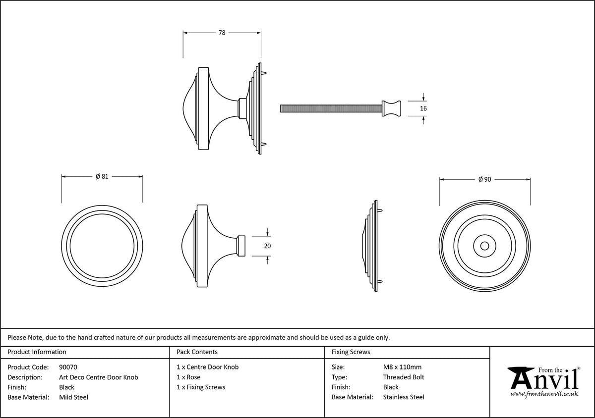 ART DECO CENTRE DOOR KNOB 81x78x90 BLK - 90070 by MARCHES (ANVIL) ARCHITECTURAL HARDWARE