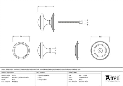ART DECO CENTRE DOOR KNOB 81x78x90 BLK - 90070 by MARCHES (ANVIL) ARCHITECTURAL HARDWARE