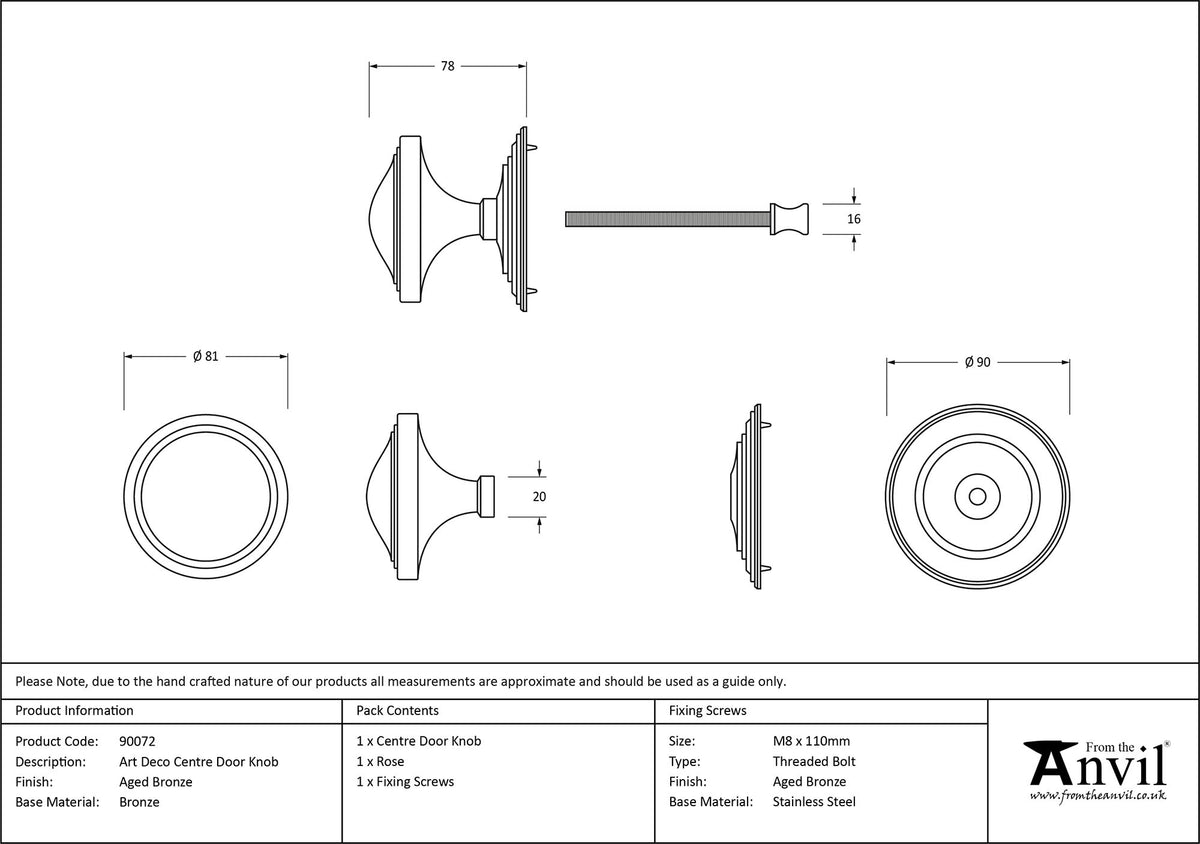 ART DECO CENTRE DOOR KNOB 81x78x90 AGBZ - 90072 by MARCHES (ANVIL) ARCHITECTURAL HARDWARE
