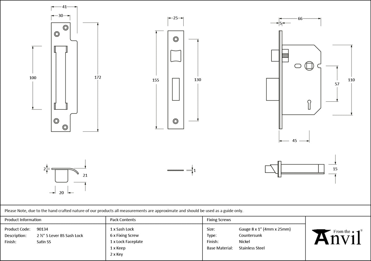 5LEVER SASH LOCK BS44 DIF 64 SSS - 90134 by MARCHES (ANVIL) ARCHITECTURAL HARDWARE