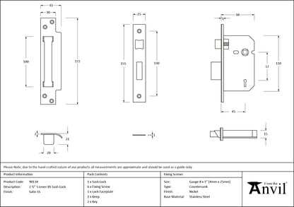5LEVER SASH LOCK BS44 DIF 64 SSS - 90134 by MARCHES (ANVIL) ARCHITECTURAL HARDWARE