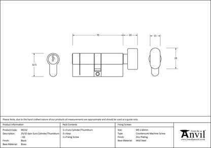 EURO CYLINDER/THUMBTURN 6PIN DIFFER 35/35 BLK - 90232 by MARCHES (ANVIL) ARCHITECTURAL HARDWARE