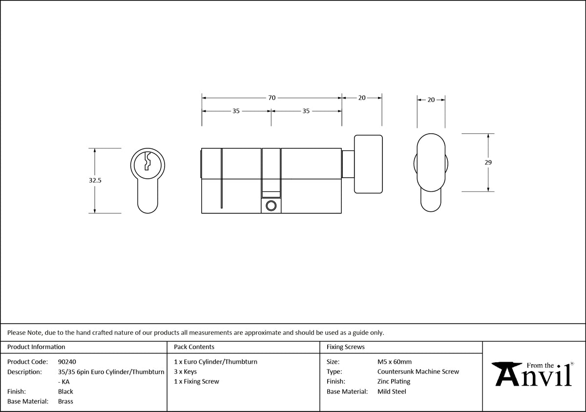 EURO CYLINDER/THUMBTURN 6PIN ALIKE 35/35 BLK - 90240 by MARCHES (ANVIL) ARCHITECTURAL HARDWARE