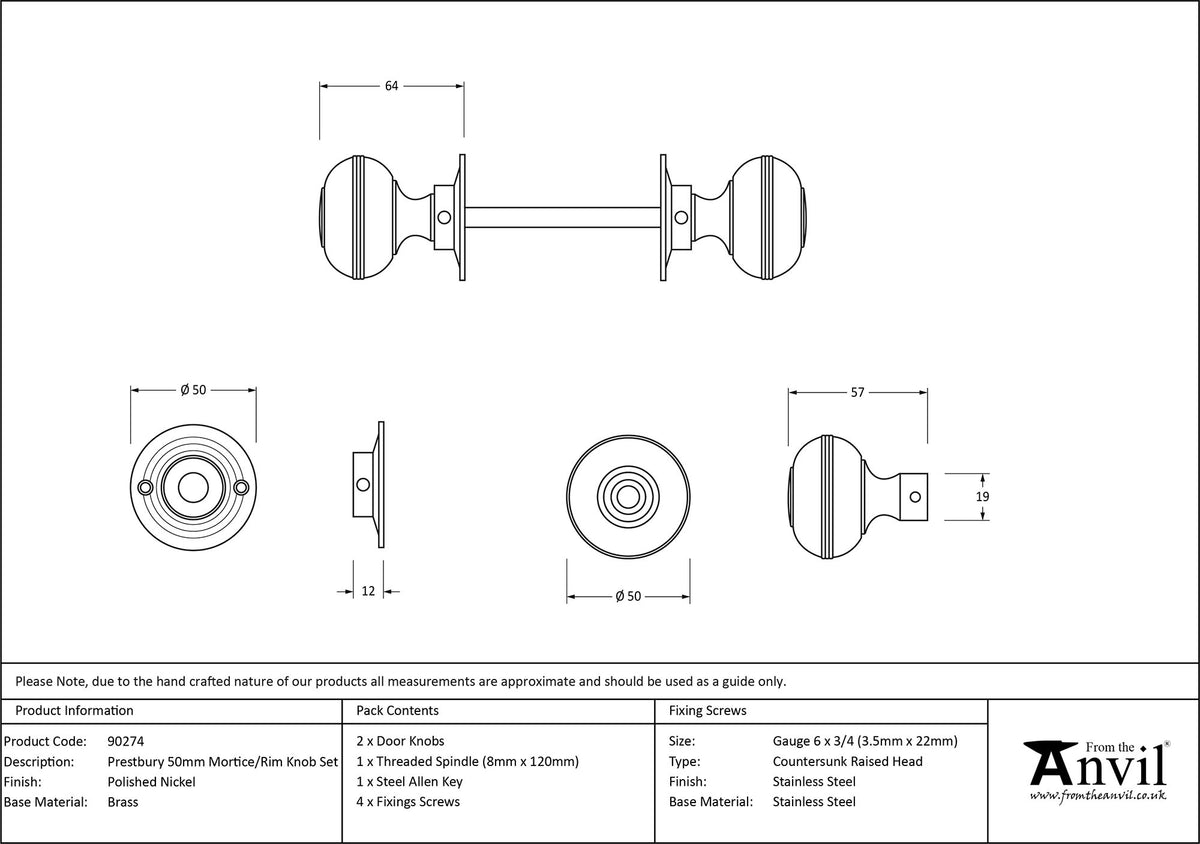 PRESTBURY MORTICE/RIM KNOB 50x64x50 PCP - 90274 by MARCHES (ANVIL) ARCHITECTURAL HARDWARE