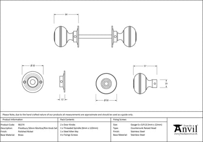PRESTBURY MORTICE/RIM KNOB 50x64x50 PCP - 90274 by MARCHES (ANVIL) ARCHITECTURAL HARDWARE