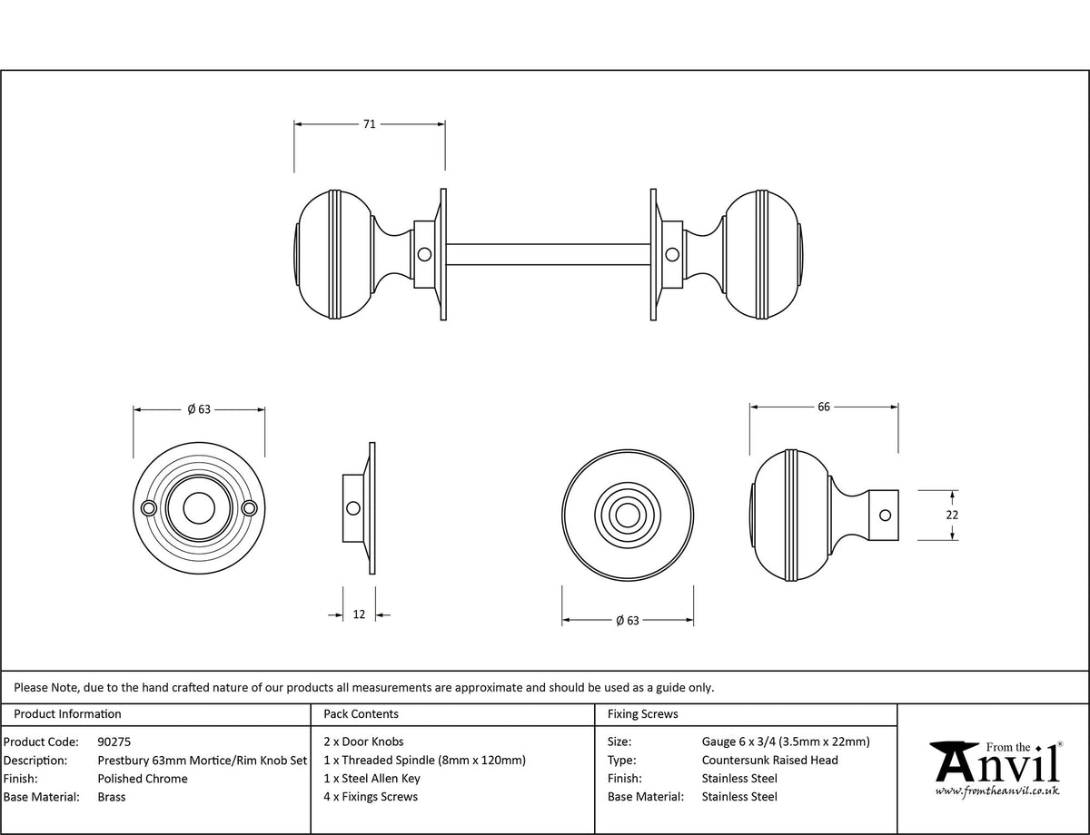 PRESTBURY MORTICE/RIM KNOB 63x71x63 PCP - 90275 by MARCHES (ANVIL) ARCHITECTURAL HARDWARE