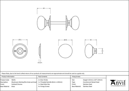 MUSHROOM MORTICE/RIM KNOB 49x44x51 PCP - 90291 by MARCHES (ANVIL) ARCHITECTURAL HARDWARE