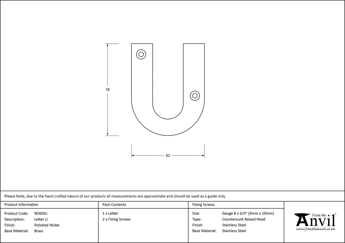 LETTER U 78x62x8 PNP - 90303U by MARCHES (ANVIL) ARCHITECTURAL HARDWARE