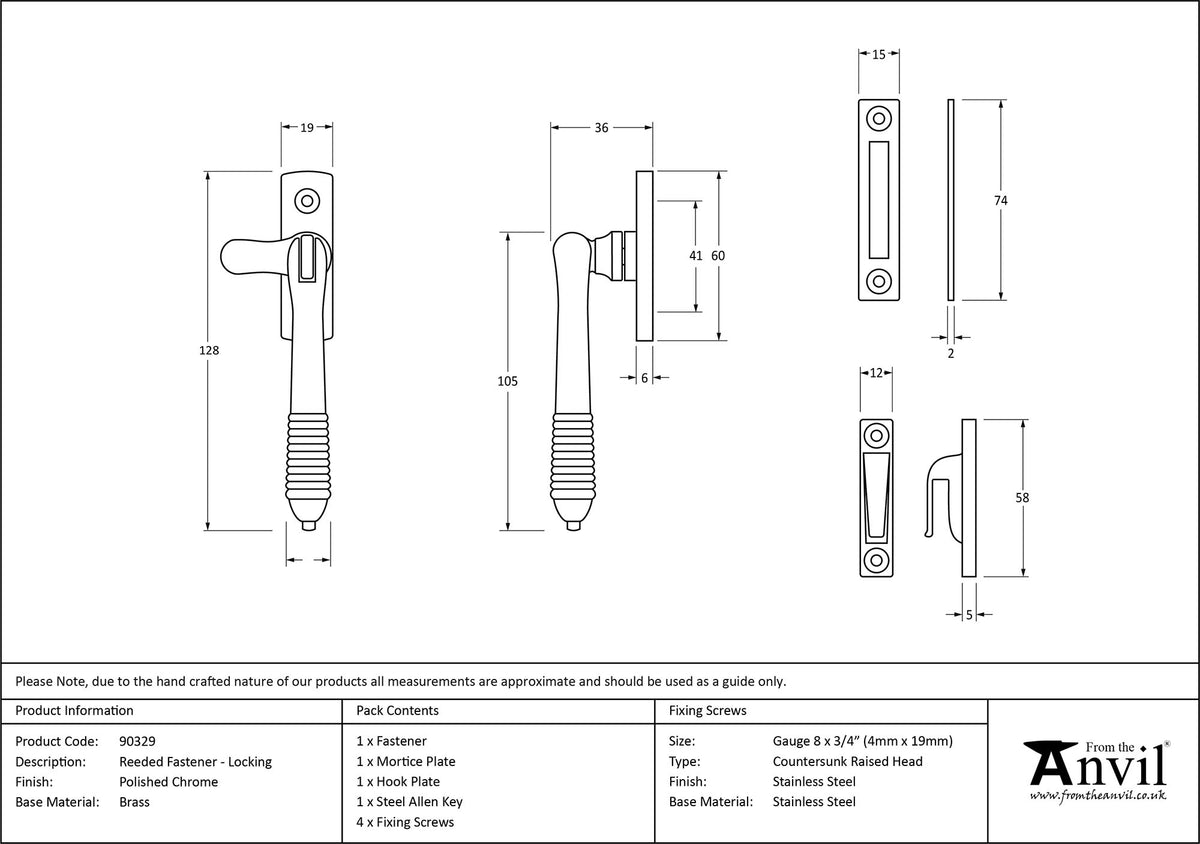 REEDED LOCKING FASTENER 128x19x36 PCP - 90329 by MARCHES (ANVIL) ARCHITECTURAL HARDWARE